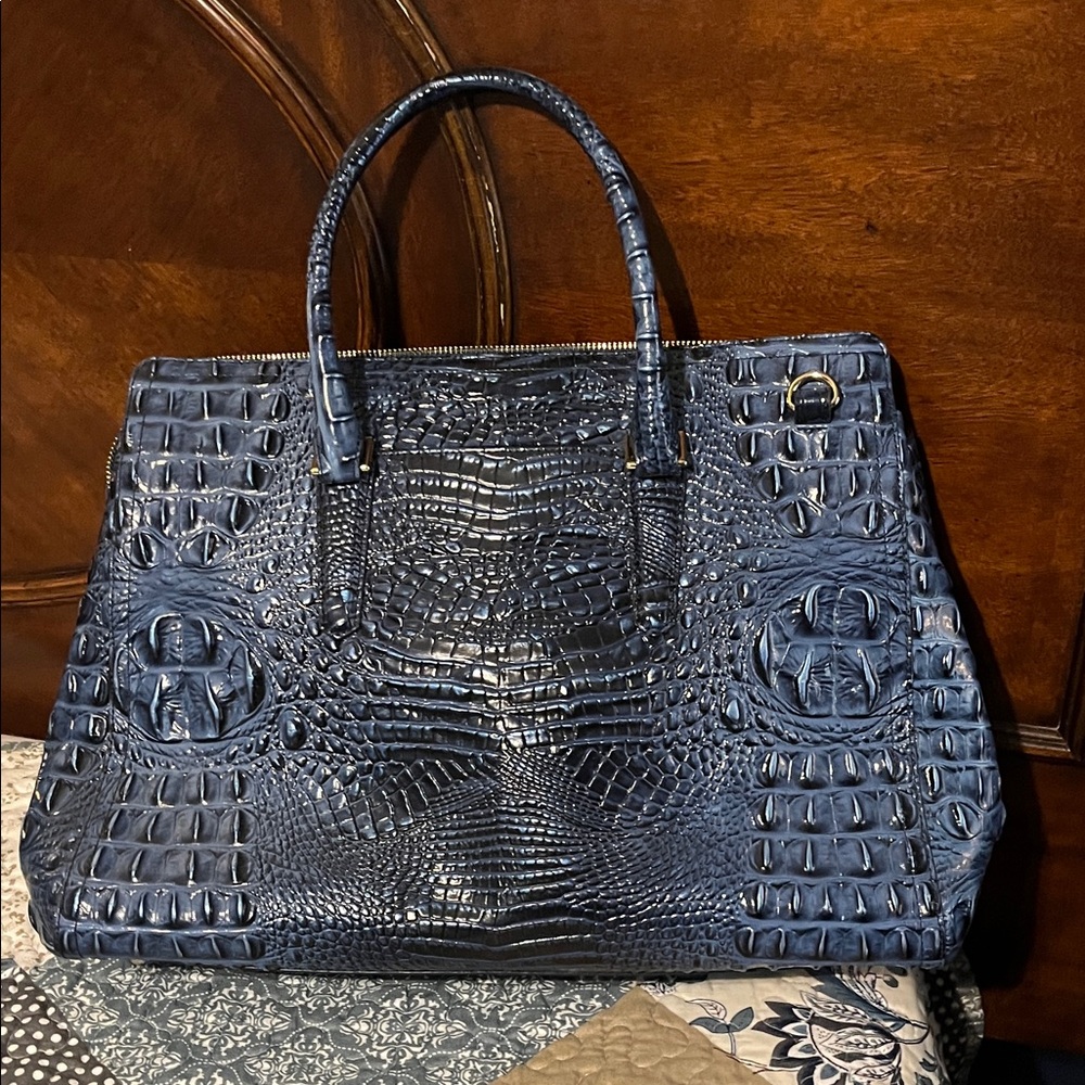 Brahmin Deep Navy Croc-Embossed Leather Satchel - Picture 3 of 4